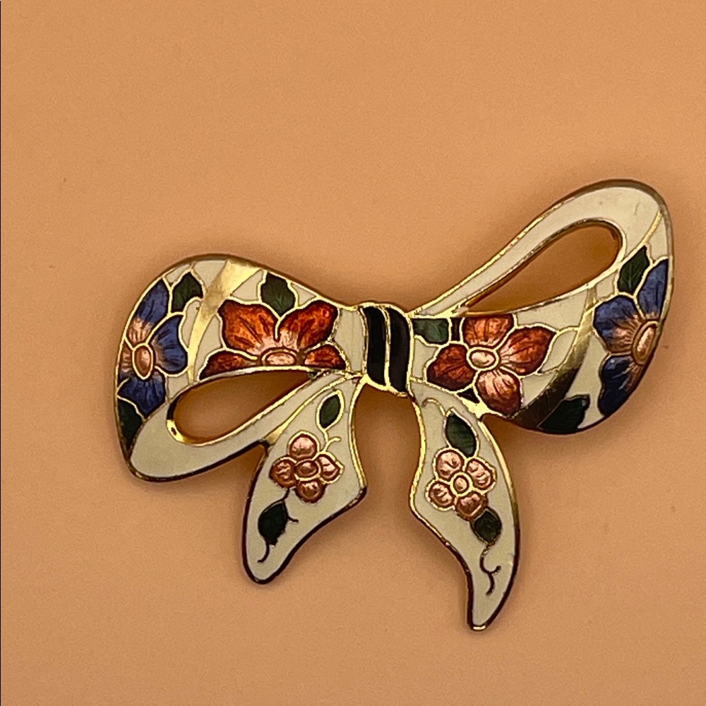 Floral Cloisonné Bow Brooch C39